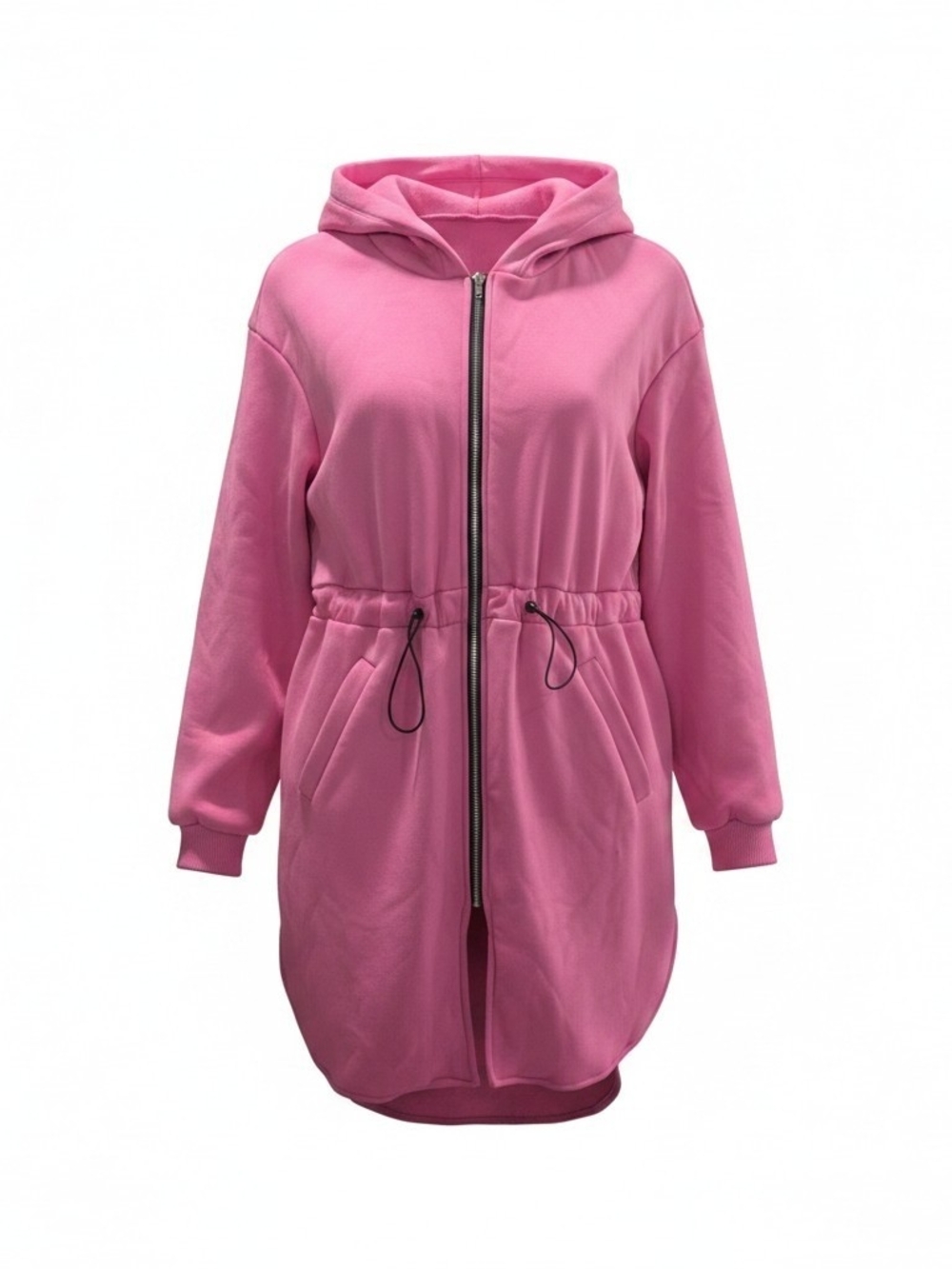 Pink Hooded Drawstring Zipper Hoodie